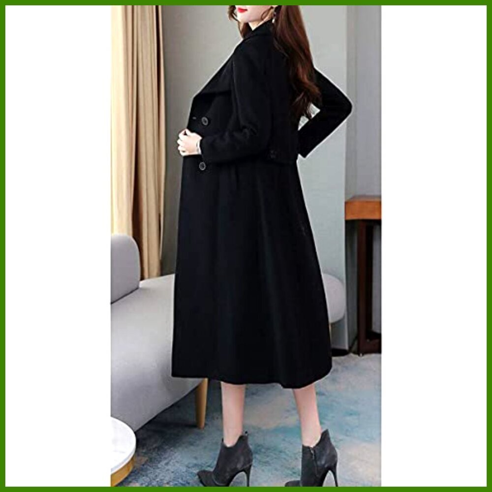 Shawl Collar Double Breasted Below Knee Slim Wool Trench Long Coat - Picture 4 of 5